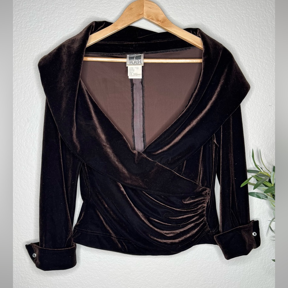 Tadashi Women’s Brown Velvet Wrap Jacket Top Size 14 Vintage Shawl Collar Ruched